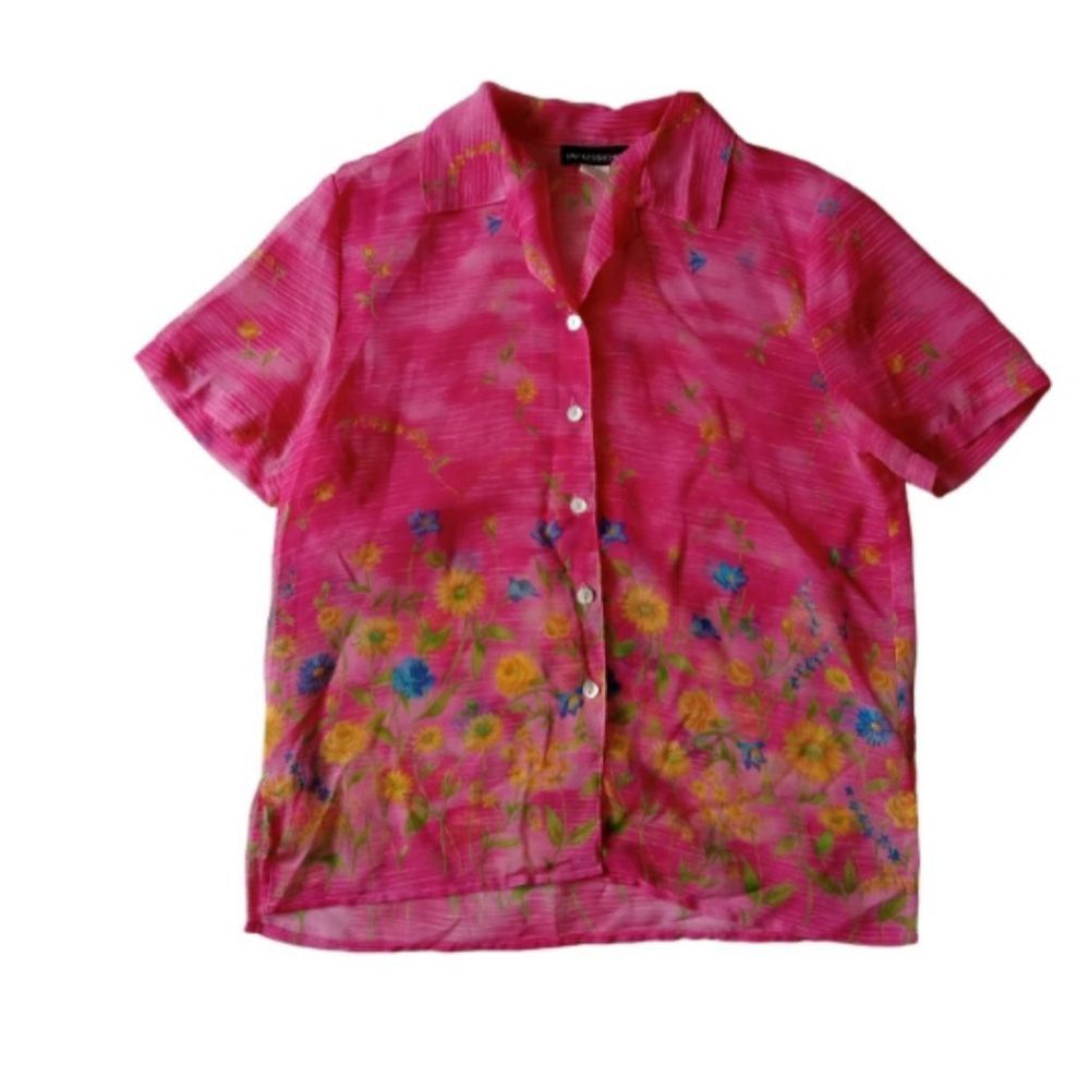 Impressions Pink & Colorful Floral Print Button Up Vintage Shirt Women's Medium
